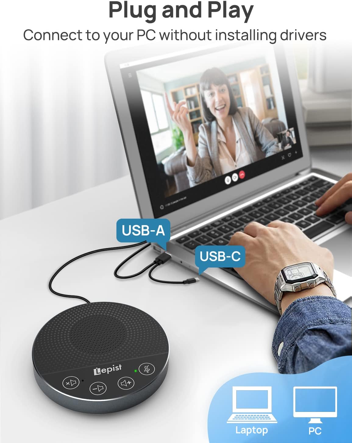 USB Speakerphone - Lepist LE2103N Computer Speakers with Microphone, Conference Call Speaker with Microphone for Zoom, Skype, 360° Voice Pickup