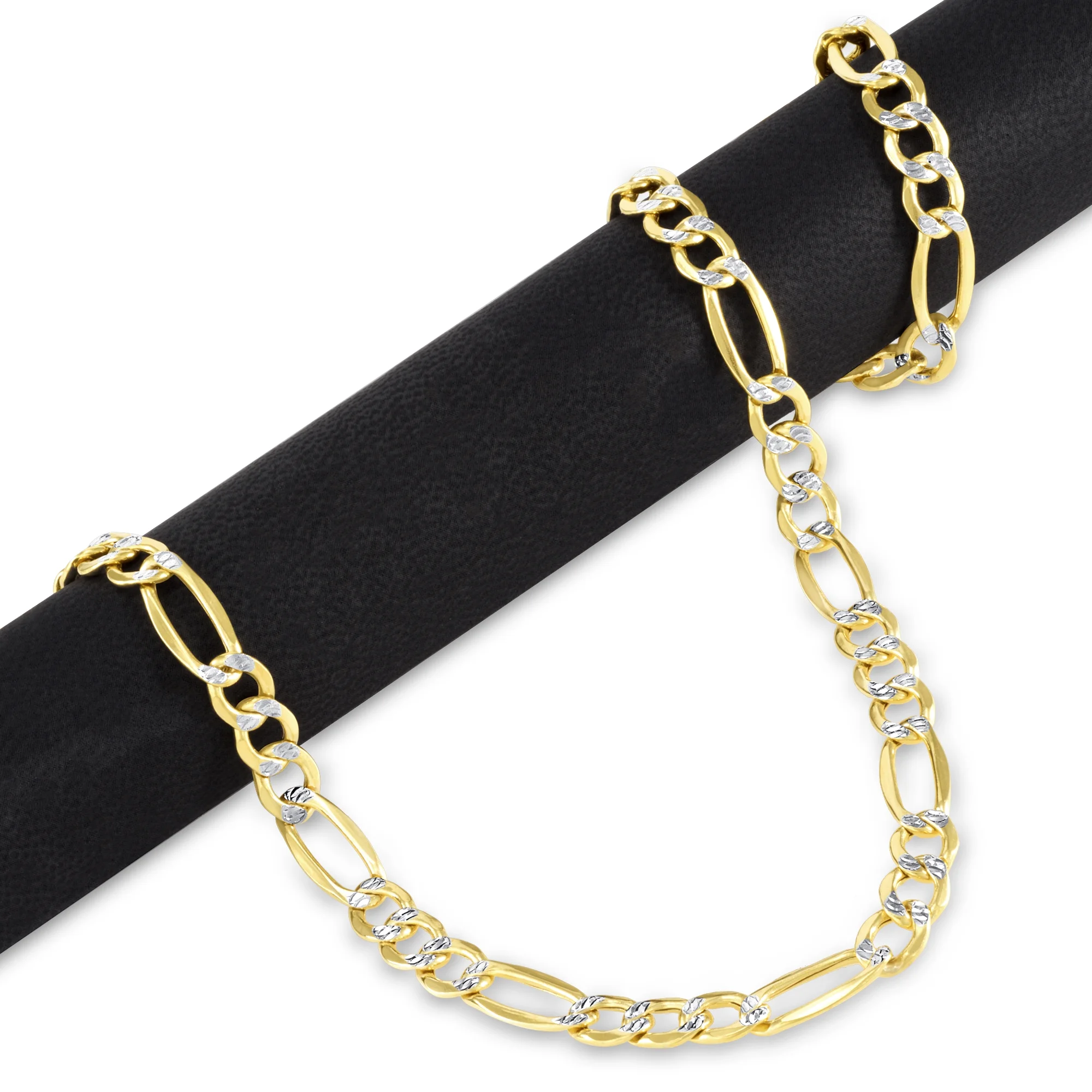 Nuragold 14k Yellow Gold Solid 7.5mm Figaro Chain Link Diamond Cut Pave Two Tone Necklace, Mens Jewelry 20" - 30"