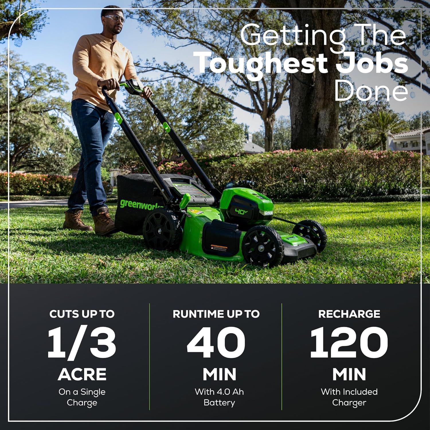 Greenworks 40V 20" Brushless Push Mower, 4.0Ah Battery (Aluminum Handles + Light)
