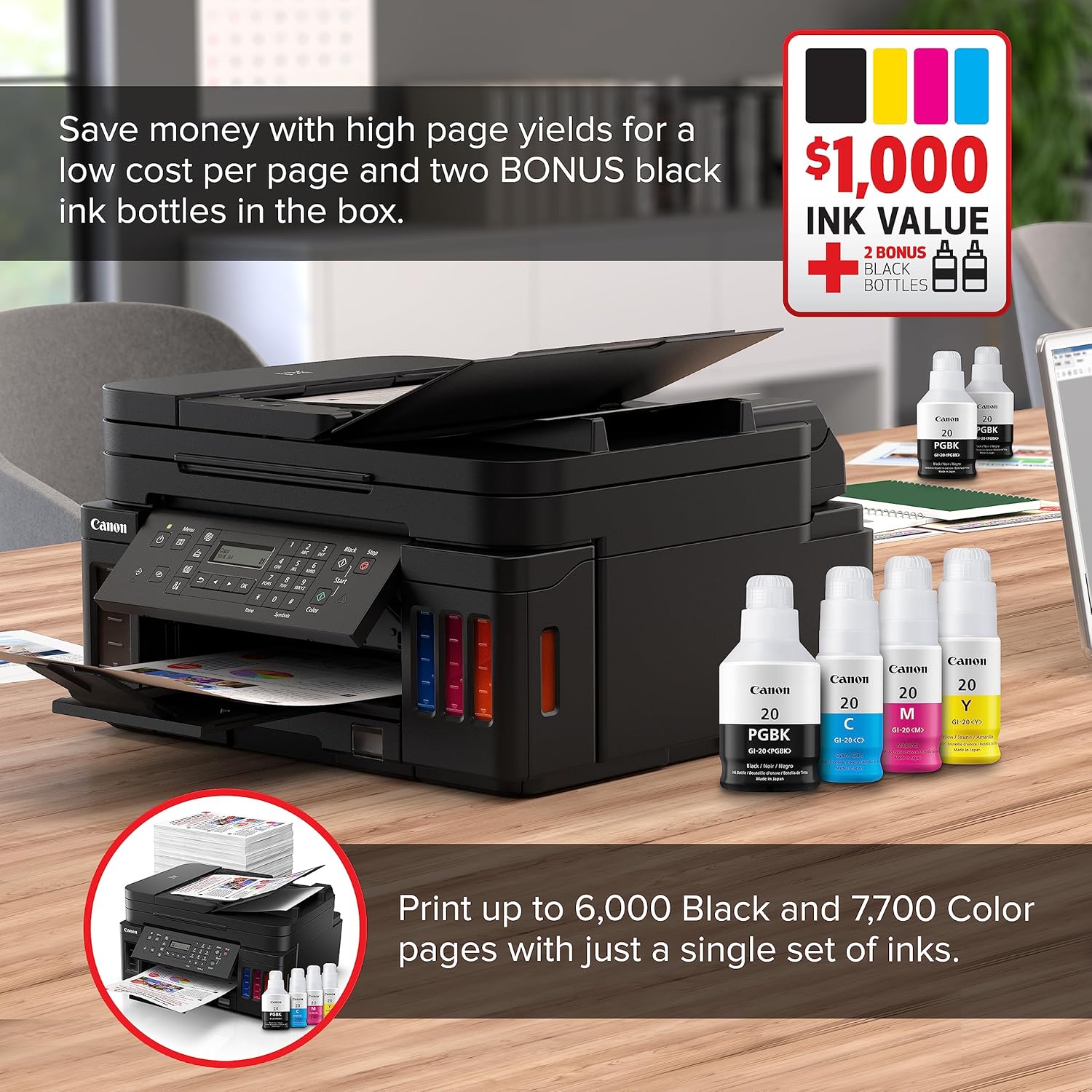 Canon G7020 All-in-One Printer Home Office | Wireless Supertank (Megatank) Printer | Copier | Scan, | Fax and ADF with Mobile Printing, Black