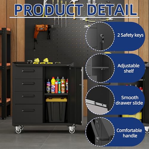 Metal Garage Storage Cabinet with Wheels,Locking Rolling Tool Cabinet with Drawers and Shelves for Home, Office, Garage & Workshop