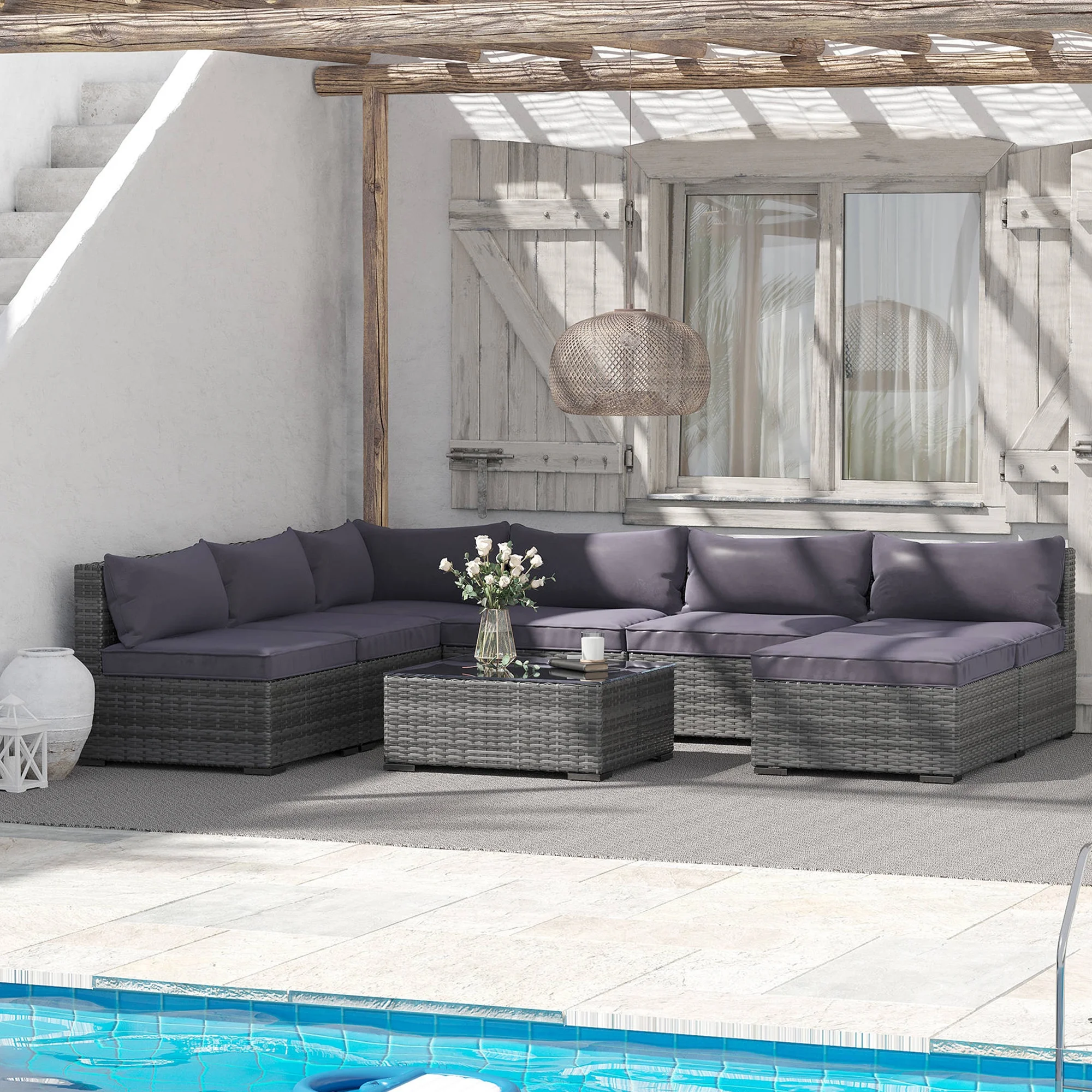 Outsunny Patio Furniture Set, 8 Pieces, Sectional Sofa, All Weather PE Rattan Conversation Set, Tempered Glass Table, 6 Seats, Ottoman Footstool