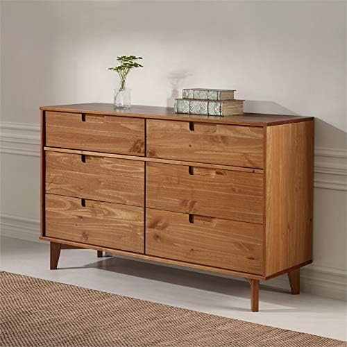 Allora Mid-Century Modern 6 Drawer Pine Wood Bedroom Double Dresser, Storage Drawer Console Organizer Closet Hallway for Living Room