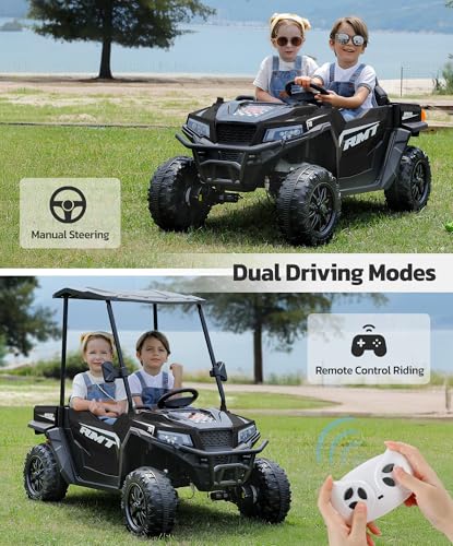 ELEMARA 24V Ride on Toy for Big Kid,Ride on Car 2 Seater w/Sun Shade,Dump Bed & Shovel,4.5MPH,4WD Electric Car for Kids,Battery Car w/Remote