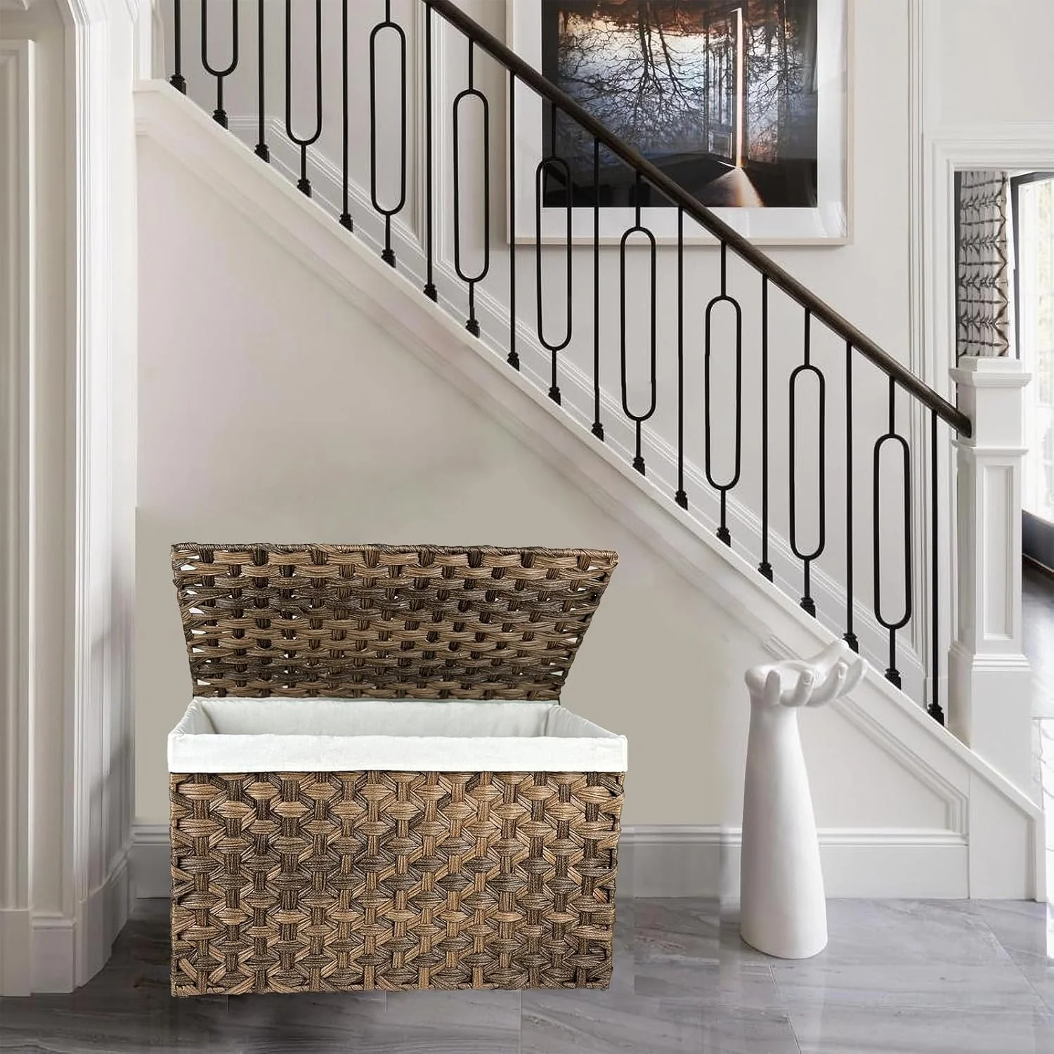 Wicker Storage Basket with Lid, 27.7 Gallon (105L) Large Blanket Basket with Lid, Woven Storage Bin with Handles, Removable Liner, Metal Frame