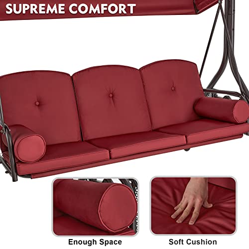 HOMREST 3 Seat Outdoor Porch Swing with Adjustable Canopy, Convertible Patio Swing Bed with Stand, Patio Glider Swing with Upgraded Cup Holder