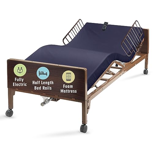 Full Electric Hospital Bed with Premium Mattress and Rails Included - for Home Care Medical Facilities - Fully Adjustable, Hand Pendant