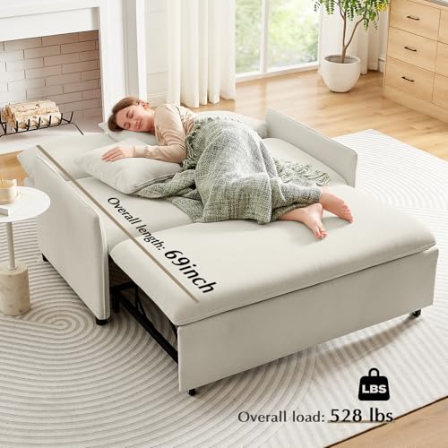 55" 3-in-1 Convertible Sleeper Sofa Bed with Adjustable Backrest - Soft Chenille Futon Couch for Living Room, Office & Apartment, Beige