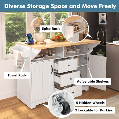 Kitchen Island with 2 Drop Leaf, Home Cart Island on Wheels Foldable Dining Table with Power Outlets,3 Drawers,Storage Cabinet, Tower Rack(Black)