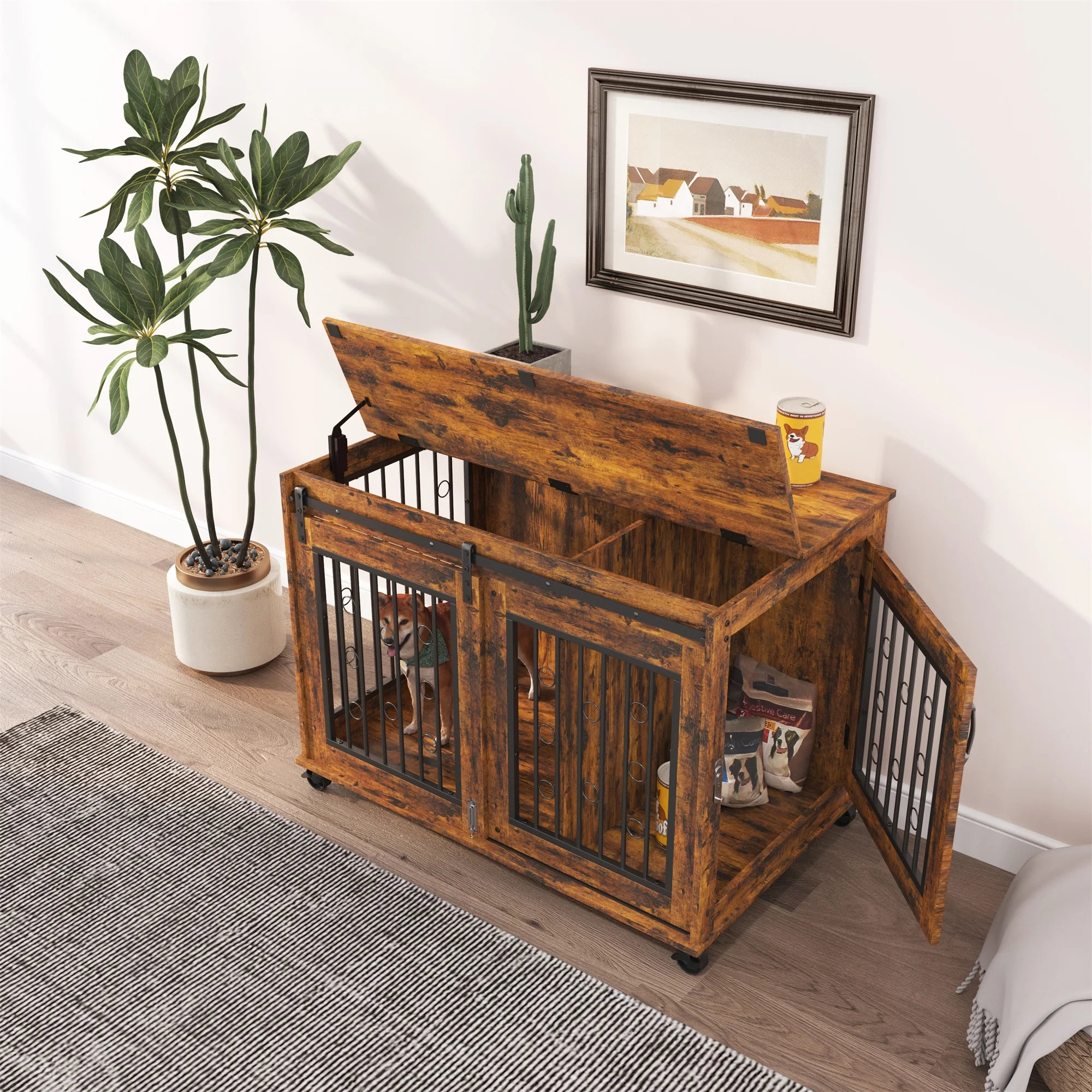 Ostreici 39" Anti-Bite Furniture Style Dog Crate Sliding Barn Door, Dog Kennel End Table w/ Wheels