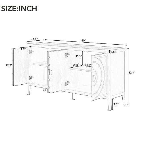 Sideboard Cabinet, Retro 4-Door Large Storage Space Buffet Cabinet with Adjustable Shelves and Circular Groove Design for Kitchen, Dining Room