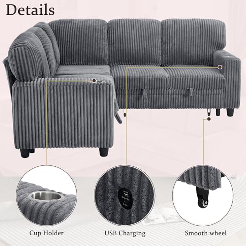 L-Shaped Pull Out Sleep Sofabed,Modern Reversible Sleeper Sectional Sofa Chenille Upholstered Button Tufted Decor with Storage Chaise