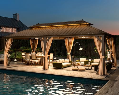 MELLCOM 12'x16' Hardtop Gazebo, Galvanized Steel Metal Double Roof Canopy with Curtains and Netting