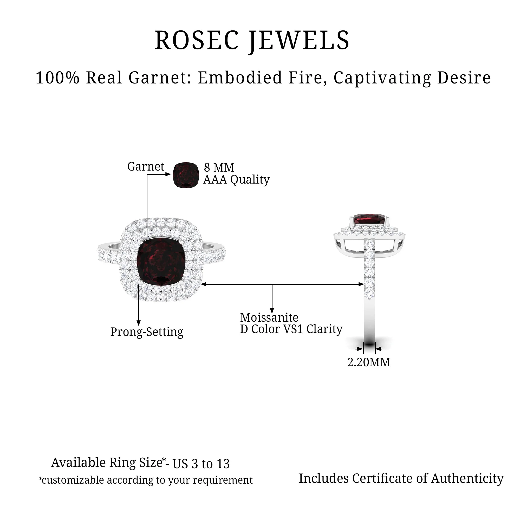 4 CT Garnet Engagement Ring with Double Halo Moissanite, 925 Sterling Silver, US 4.00