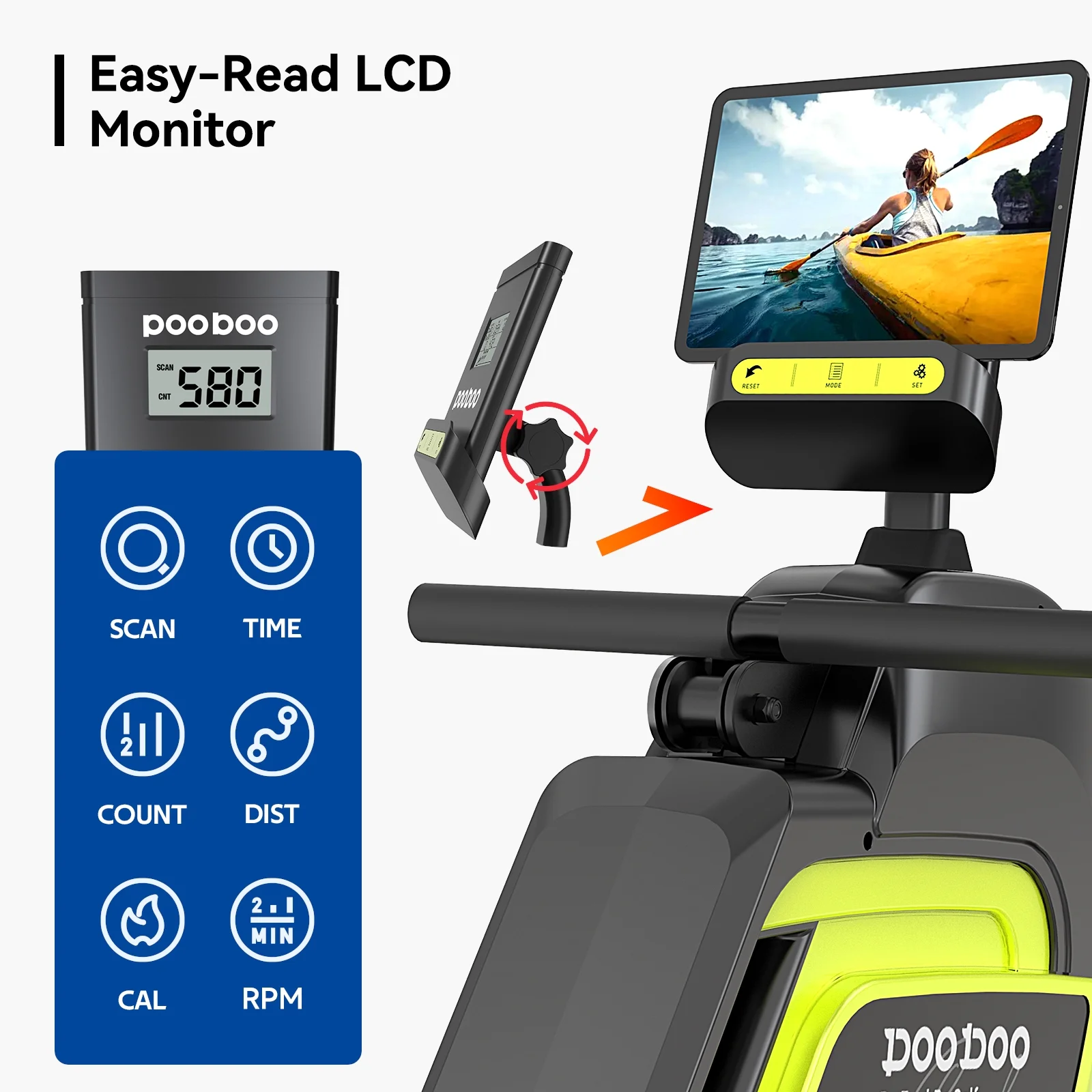 pooboo Rowing Machine Bluetooth 14 Levels Max 350 LBS Magnetic Rower with LCD Monitor, Tablet Holder, Upgraded Rowing Machines for Home use