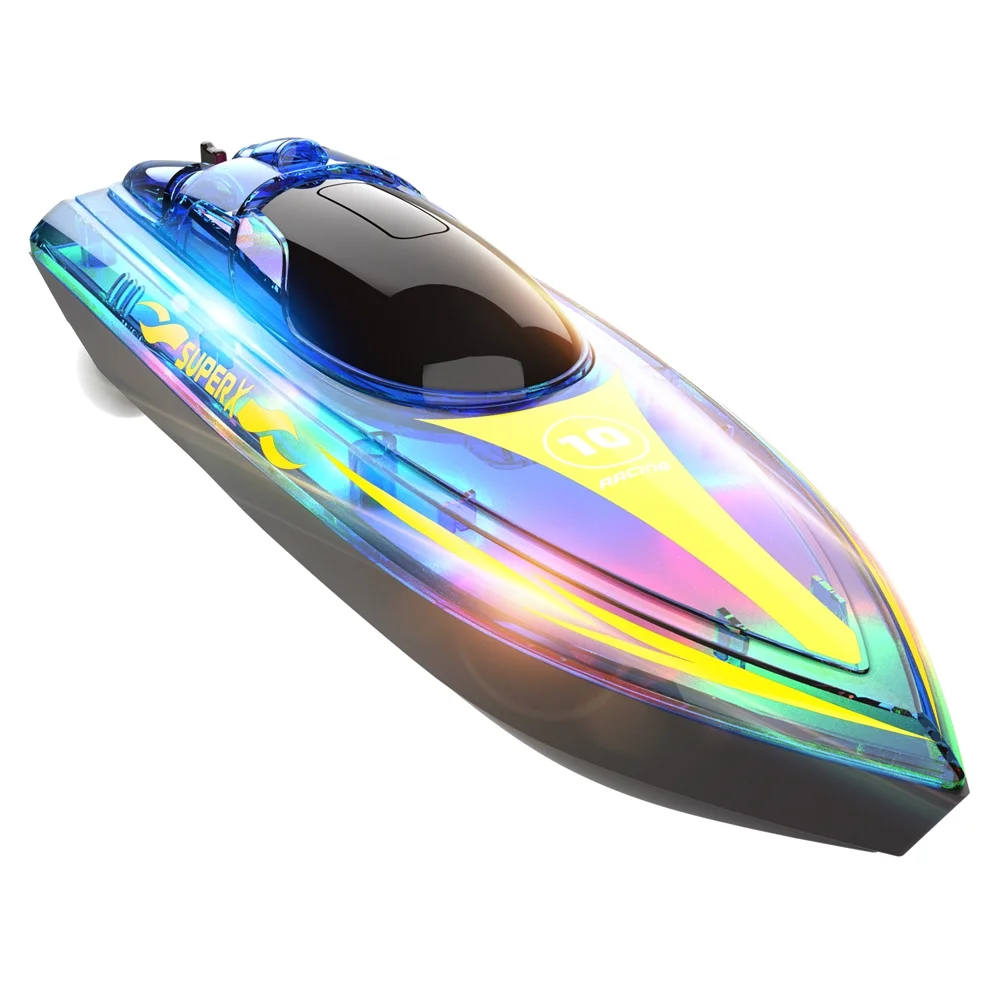 OWSOO 2.4GHz Remote Control Boat with Lights Electric Racing Boat Outdoor Pools Lakes Boat with Night Water Sensor Switch Low-Battery Reminder for