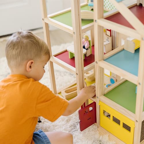 Melissa & Doug Hi-Rise Wooden Dollhouse with 15 pcs Furniture - Garage and Working Elevator
