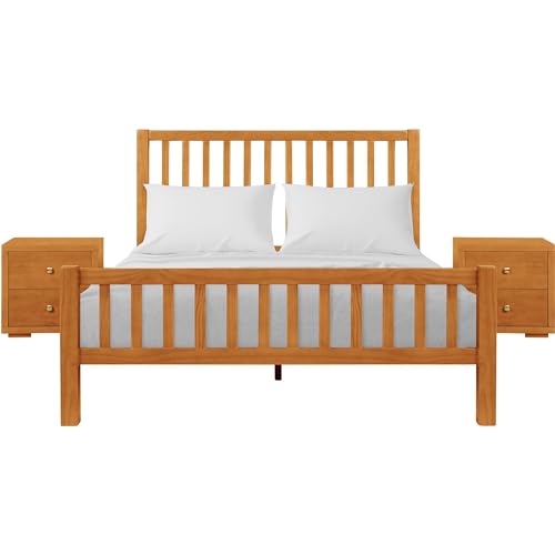 Hampton Wooden Platform Bed with 2 Nightstands | Modern Low-Profile Bed with Full Slat Support System - No Box Spring Needed, Easy Assembly | Cherry