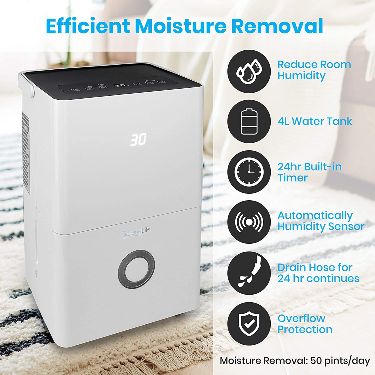 KEERDAO 50-Pint Electric Home Compact Dehumidifier - 3000 Square Feet Quiet Electric Dehumidifiers For Home Closet Basement w/ 4L Water Tank Capacity