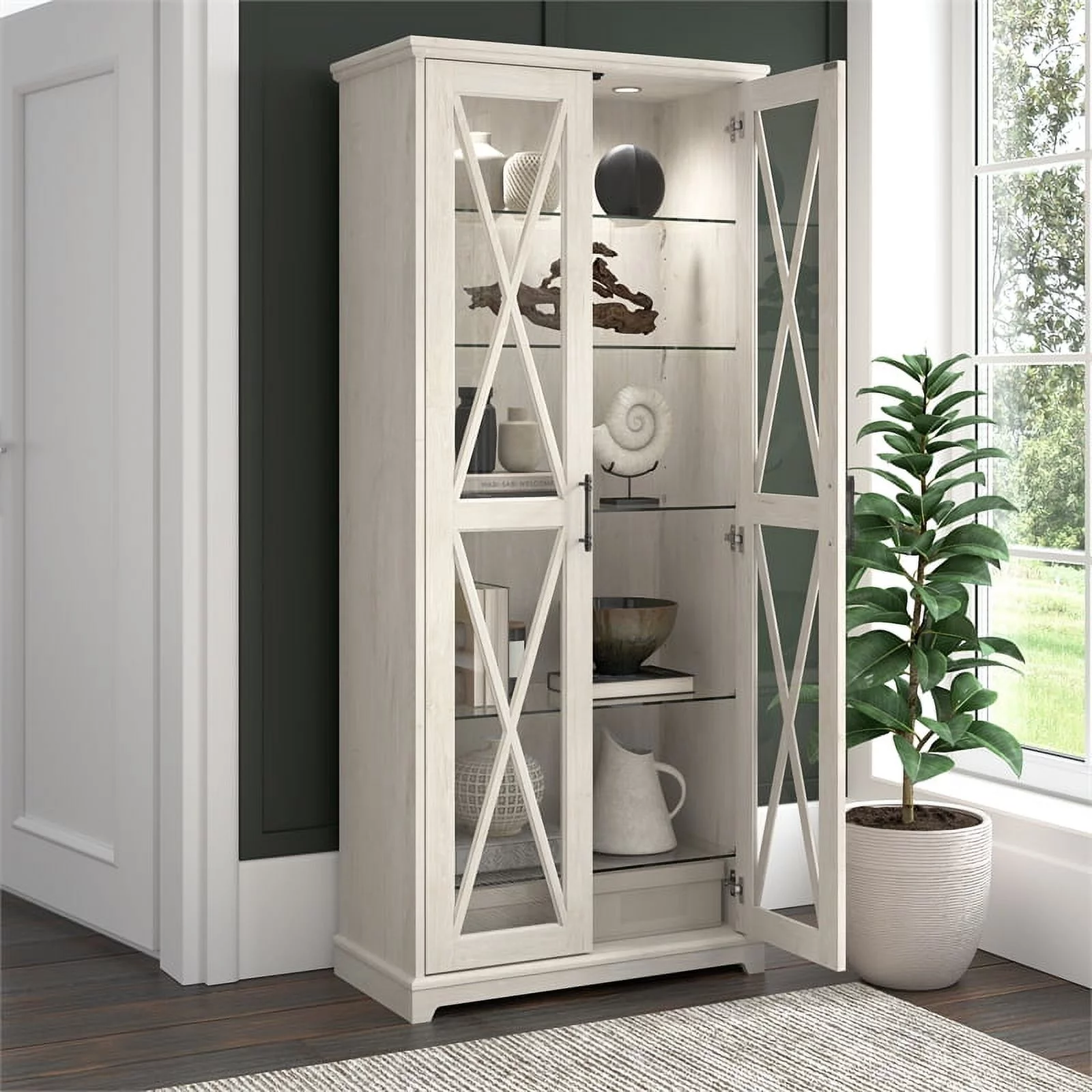 Bowery Hill Engineered Wood Curio Cabinet with Glass Doors in Linen White Oak