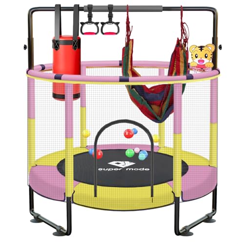 Trampoline for Kids, 5FT Adjustable for Toddler, Indoor/Outdoor Baby Trampoline with Enclosure Net, No-Gap Safe Design, Gifts for Boys & Girls