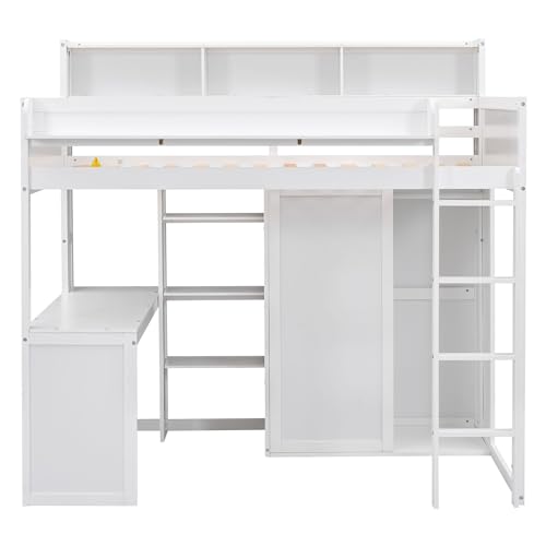 Twin Size Loft Bed with Desk, Multiple Storage Shelves and Wardrobe