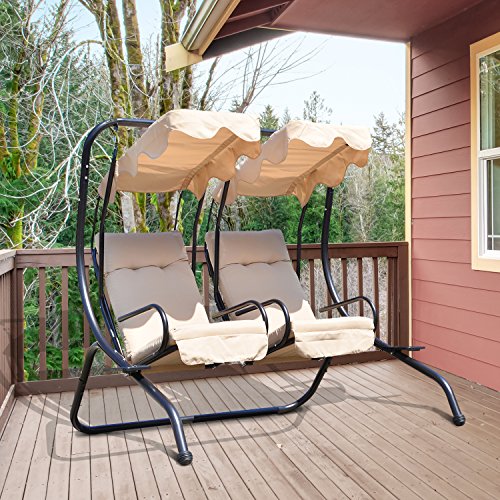Outsunny Patio Swing Chair with 2 Separate Seats, Outdoor Swing with Removable Canopy and Cup Holders for Porch, Garden, Poolside, Backyard, Gray