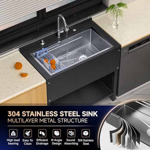 Stainless Steel Utility Sink 36“, Freestanding Laundry Sink with Upgraded Pull Out Faucet, Hose, Drain Kit & Solid Shelf. Utility Sink for Kitchen