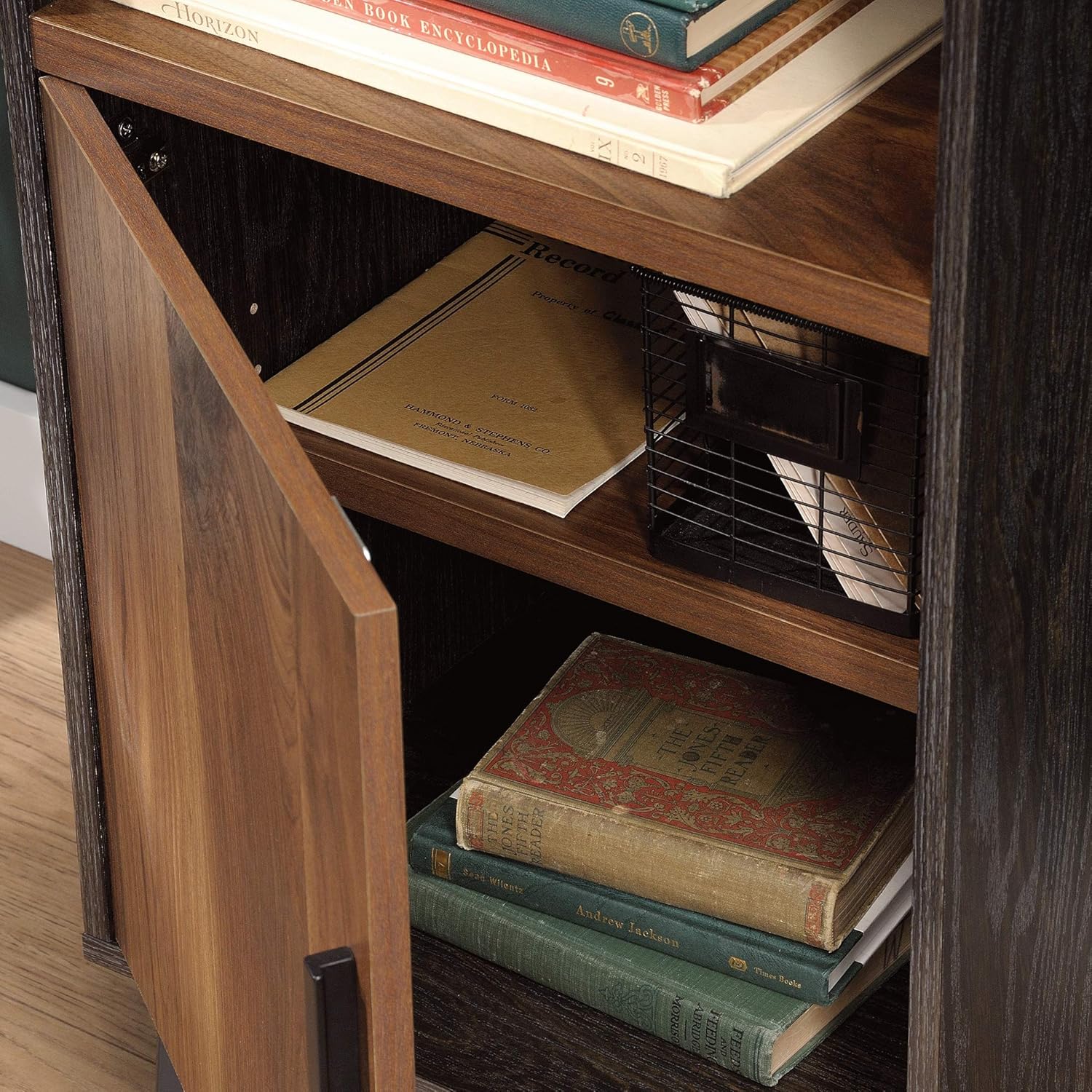 Sauder Canton Lane Bookcase with Door, L: 17.99 x W: 15.55 x H: 60.12, Brew Oak Finish