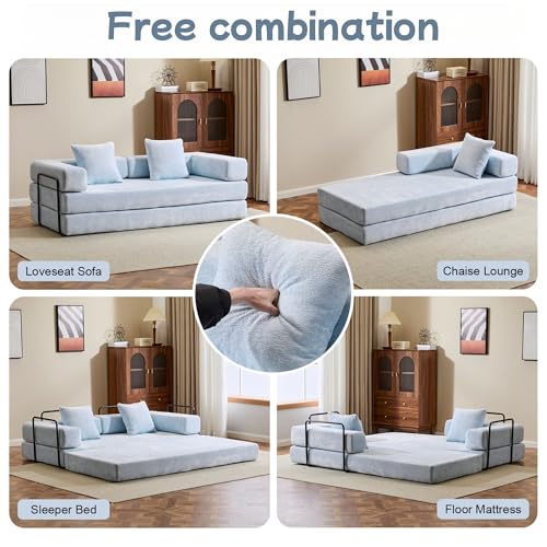 Convertible Floor Sofa Bed, Foldable Mattress Cloud Couch with Pillow Back & Armrest, Chenille Sleeper Sofa Bed with Fixed-Shape Frame