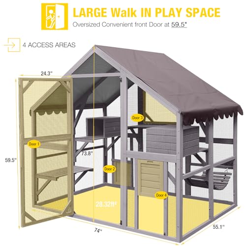 Aivituvin Cat House Outdoor Catio Kitty Enclosure with Super Large Enter Door,Wooden Cat Cage Condo Indoor Playpen with Platforms,Small House,70 Inch