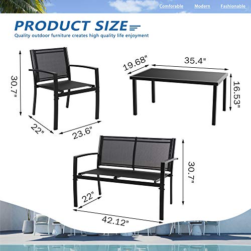 Vongrasig 4 Pieces Patio Furniture Sets,Outdoor Patio Conversation Sets with Glass Coffee Table, Small Porch Balcony Furniture