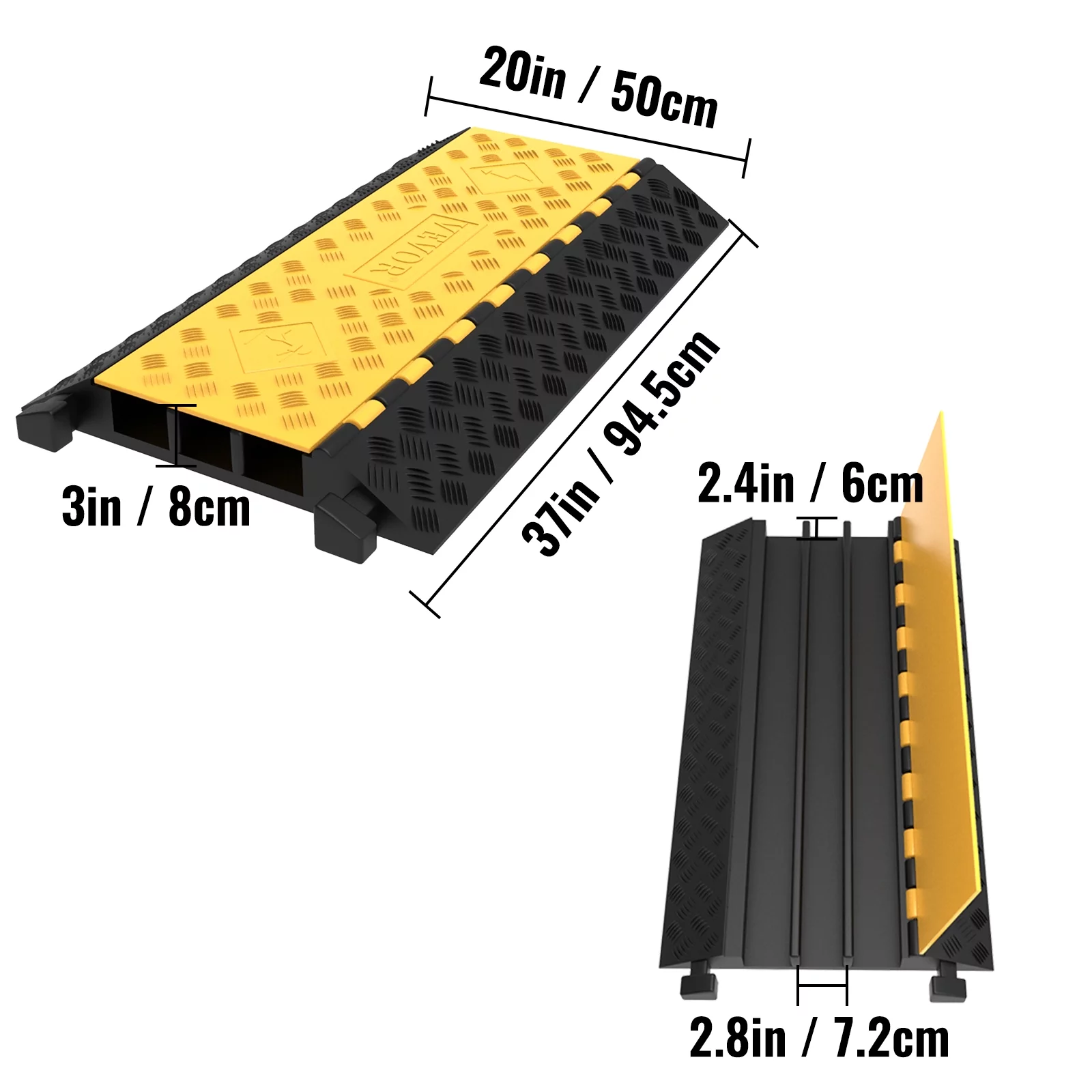 VEVORbrand 3-Channel Rubber Cable Protector Ramp 2 x 2.3 inch Channel Heavy Duty Cable Wire Cord Cover Ramp Speed Bump Driveway Hose Cable Ramp