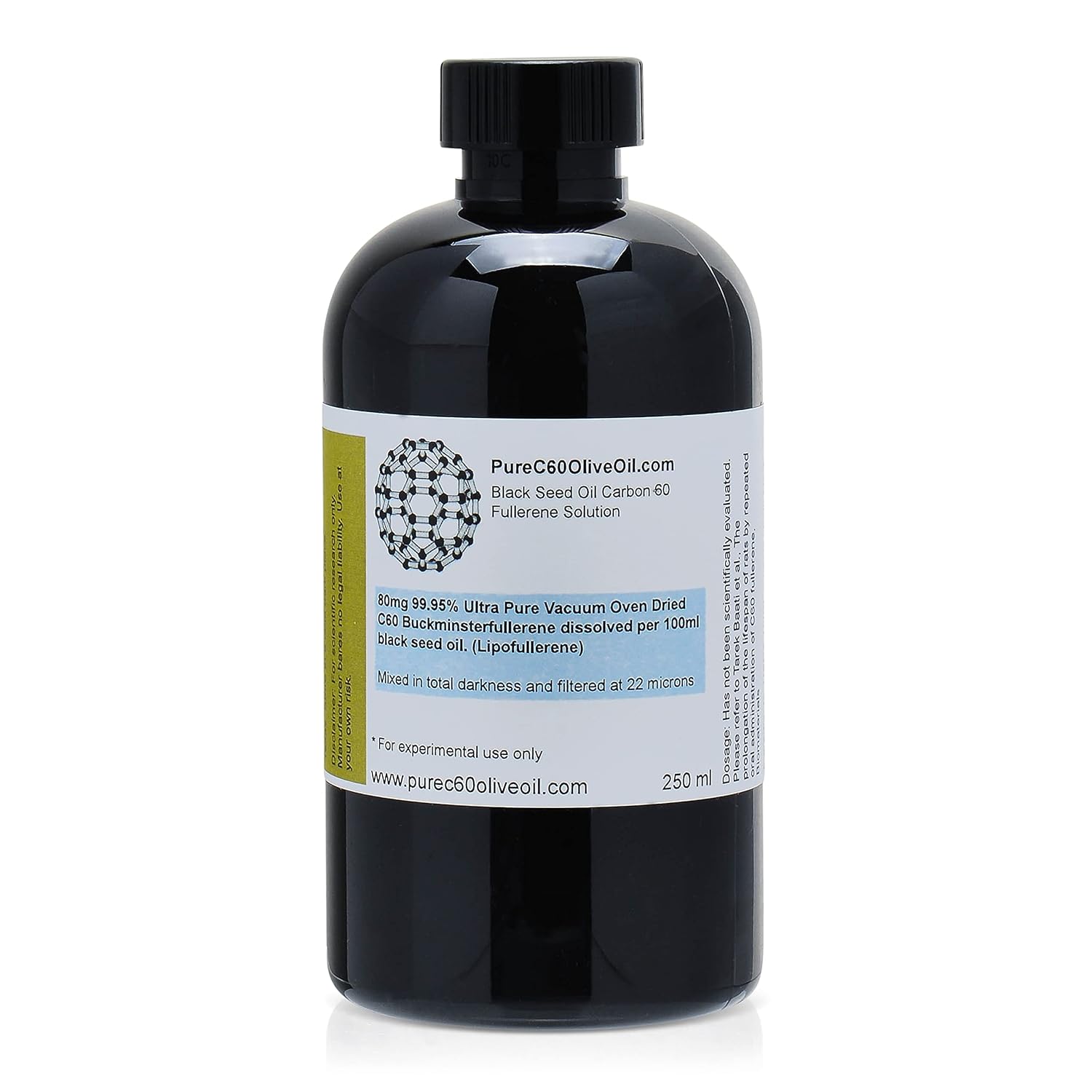 PureC60OliveOil C60 Black Seed Oil 250ml / 8.5 Fl Oz - 99.95% Carbon 60 Solvent Free 80mg - Amber Glass Bottle - Third Party Tested