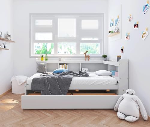 DEINPPA Twin Size Bookcase Bed, L Shape Captain Bed Frame with Storage Drawers, Wooden Platform Bed with Bookcase Headboard