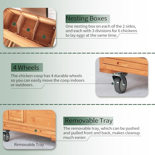 Mobile Chicken Coop with Wheels, Large Hen House with Nesting Boxes,Portable Chicken House for 4-6 Chicken,Wooden Poultry Cage,Waterproof Rabbit Cage