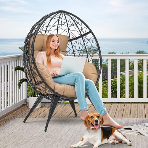 YITAHOME Large Wicker Egg Chair with Stand for Indoor and Outdoor, Cushion, and Adjustable Leveling Feet, Large Lounger for Garden, Patio, Balcony