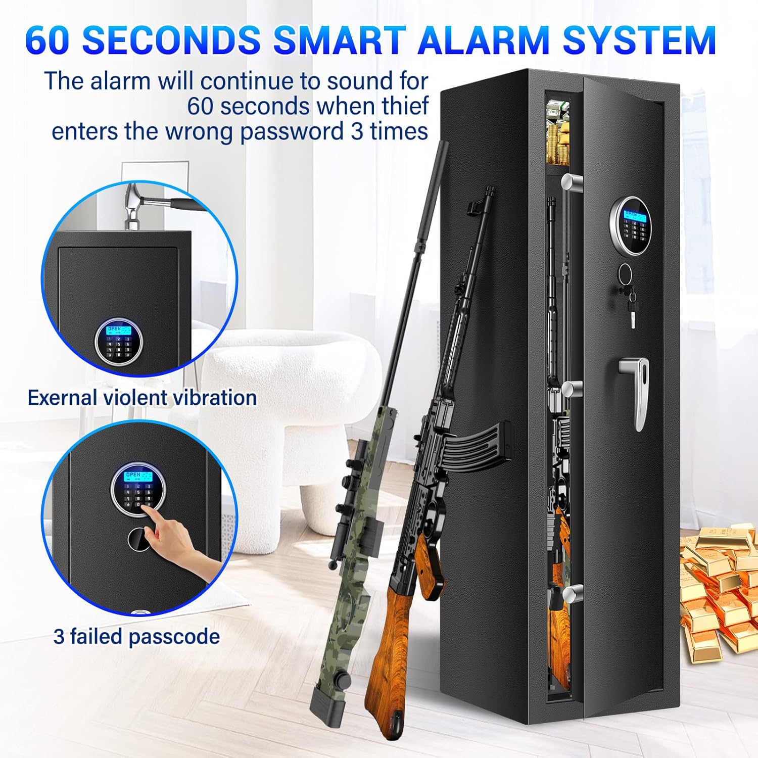 Fireproof Gun Safes for Home Rifle and Pistols, Heavy Duty Anti-Theft Long Gun Safes for Rifles and Shotguns with 3 Pistol Pockets