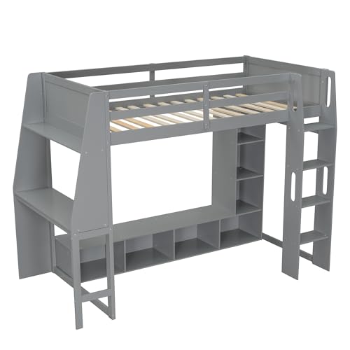 SOFTSEA Full Size Loft Bed with Desk and Storage, Solid Wood Loft Bed with Open Wardrobe and Multi-Storage Shelves