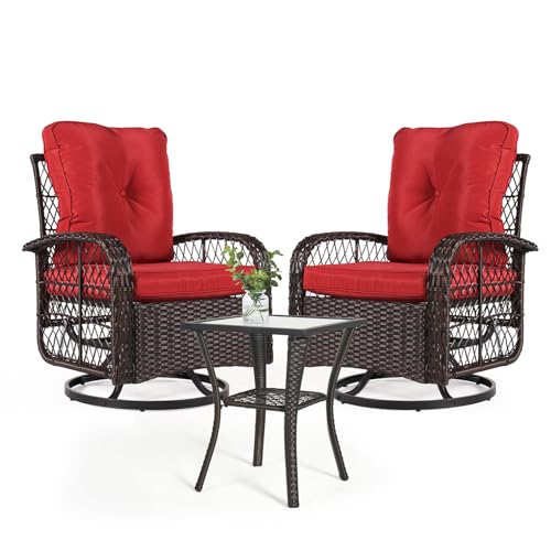 Aoxun 3 Pieces Patio Furniture Set, Patio Swivel Rocker Chairs Set of 2, Wicker Outdoor Bistro Set with Rocking Chair