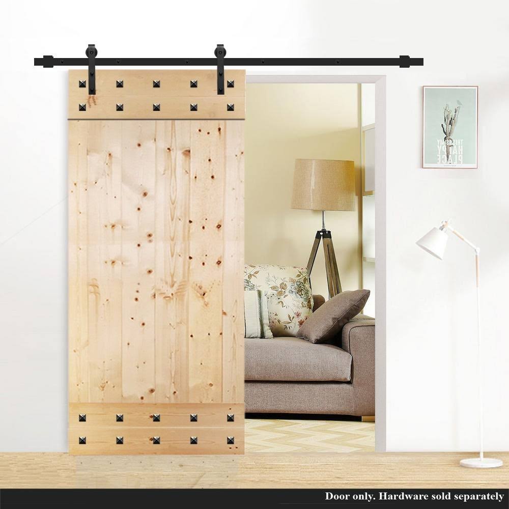 CALHOME 1 Panel with Clavos Series Unfinished Knotty Pine Wood Interior Sliding Barn Door - 36 x 84