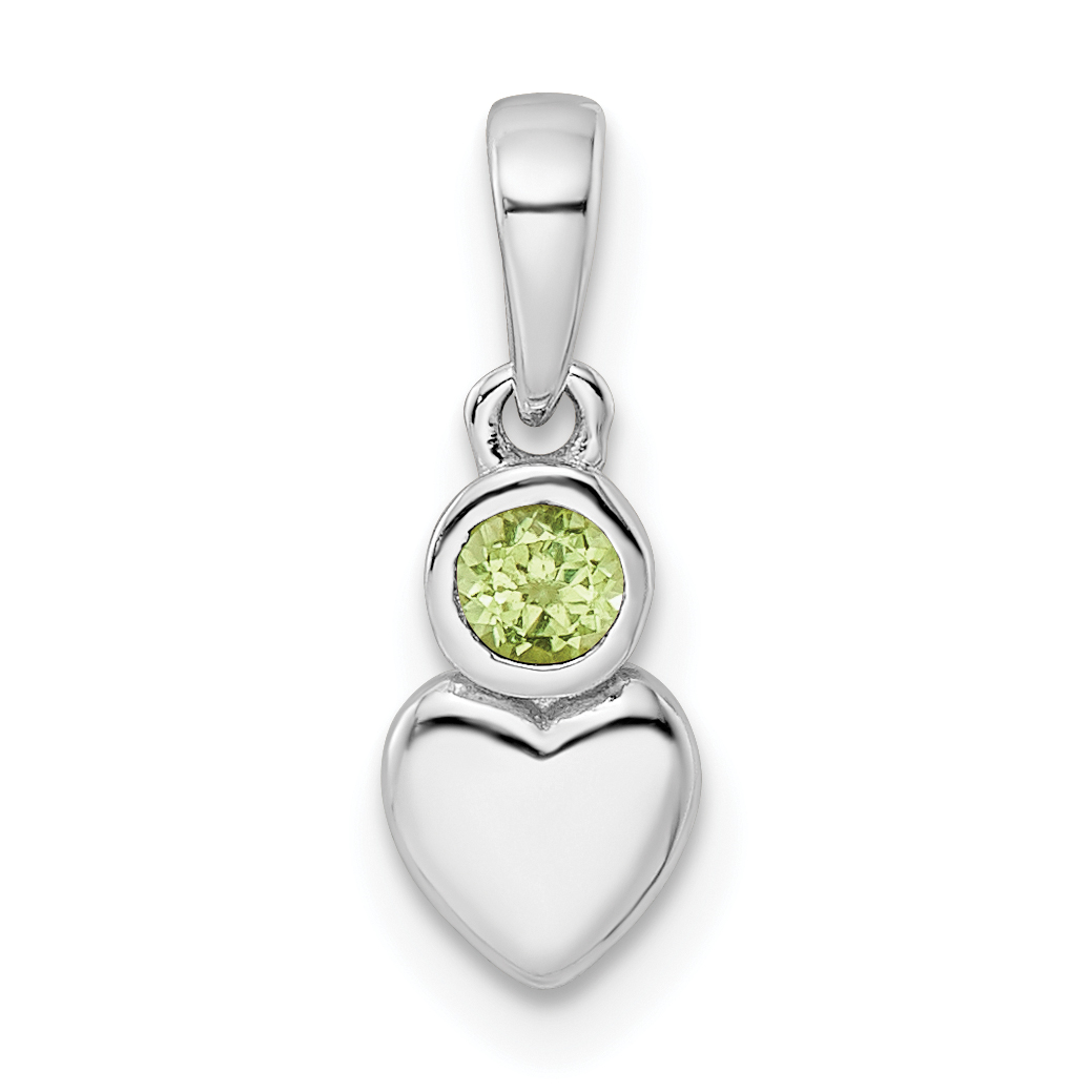 Carat in Karats Sterling Silver Polished Finish Rhodium-Plated Peridot Heart Charm Pendant (17mm x 5.55mm) With Sterling Silver Cable Chain Necklace