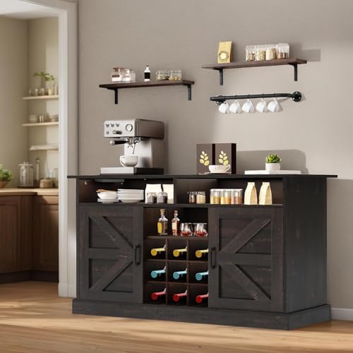 YITAHOME Buffet Cabinet, 47" Farmhouse Coffee Bar with Power Outlet, Floating Shelves
