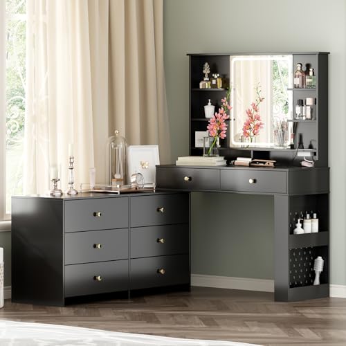 Large Makeup Vanity Desk with Mirror and Lights, Vanity Desk with 8 Drawers & Storage Shelves, Vanity Table with Power Outlet