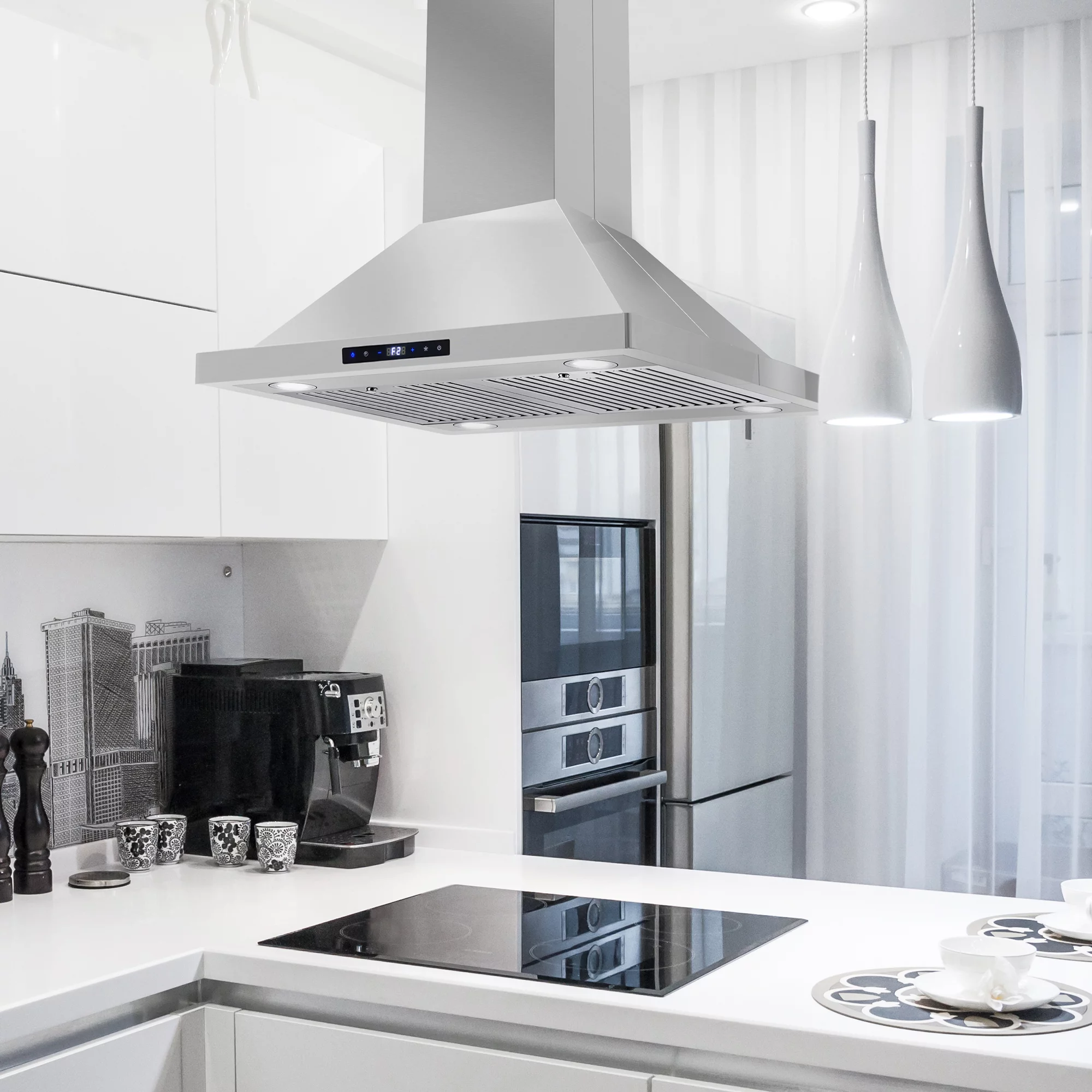 Cosmo 4 Piece Kitchen Appliance Packages with 30" Freestanding Gas Range 30" Island Mount Range Hood 24" Built-in Dishwasher & 48 Bottle Freestanding
