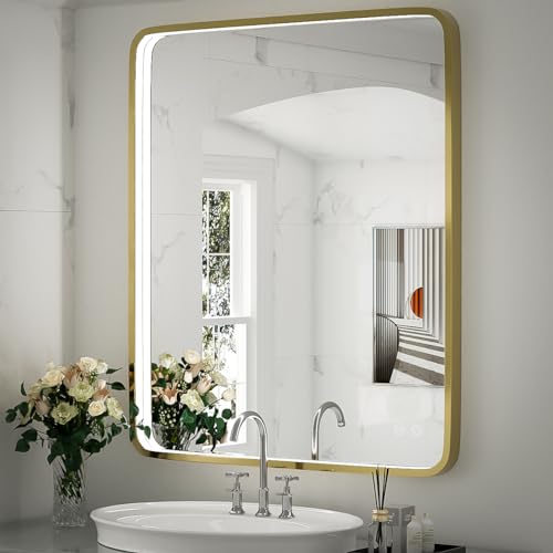 32X24 Inch LED Bathroom Mirror with Light, Black Metal Frame Mirror, Wall Mounted Lighted Vanity Mirrors for Wall