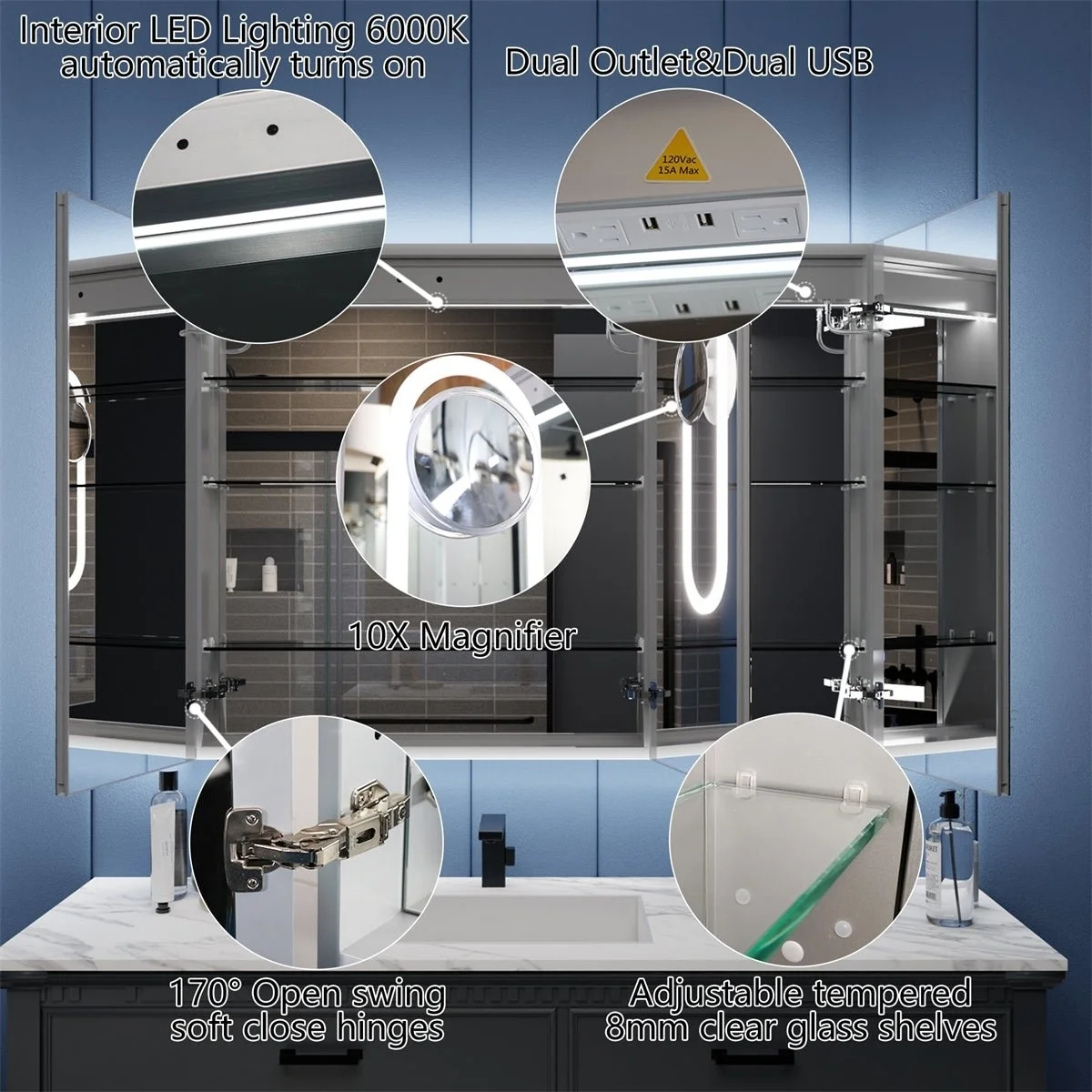 Illusion-B 54" x 36" LED Lighted Inset Mirrored Medicine Cabinet with Magnifiers Front and Back Light