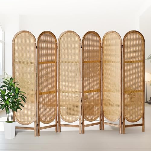 4 Panels Room Divider Wall, Foldable Wooden Room Divider, Individual Privacy Screen Made of Hand-Woven Rattan
