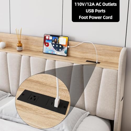 IDEALHOUSE Queen Size Bed Frame with Storage Headboard, Upholstered Platform Beds with Drawers, Charging Station, Noise-Free, No Box Spring Needed