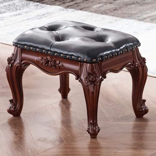 Small Foot Stool Leather n Foot Rest Wooden Footstool Upholstered Footrest for Couch Living Room, Entryway